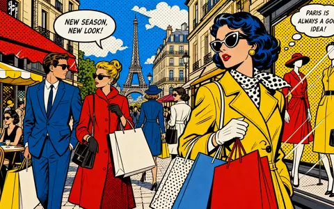 Hermès International FR0000052292 Pop-Art-Comic Pariser Luxusboulevard mit stilvollen Figuren eleganten Einkaufstüten Eiffelturm - Foto: THN