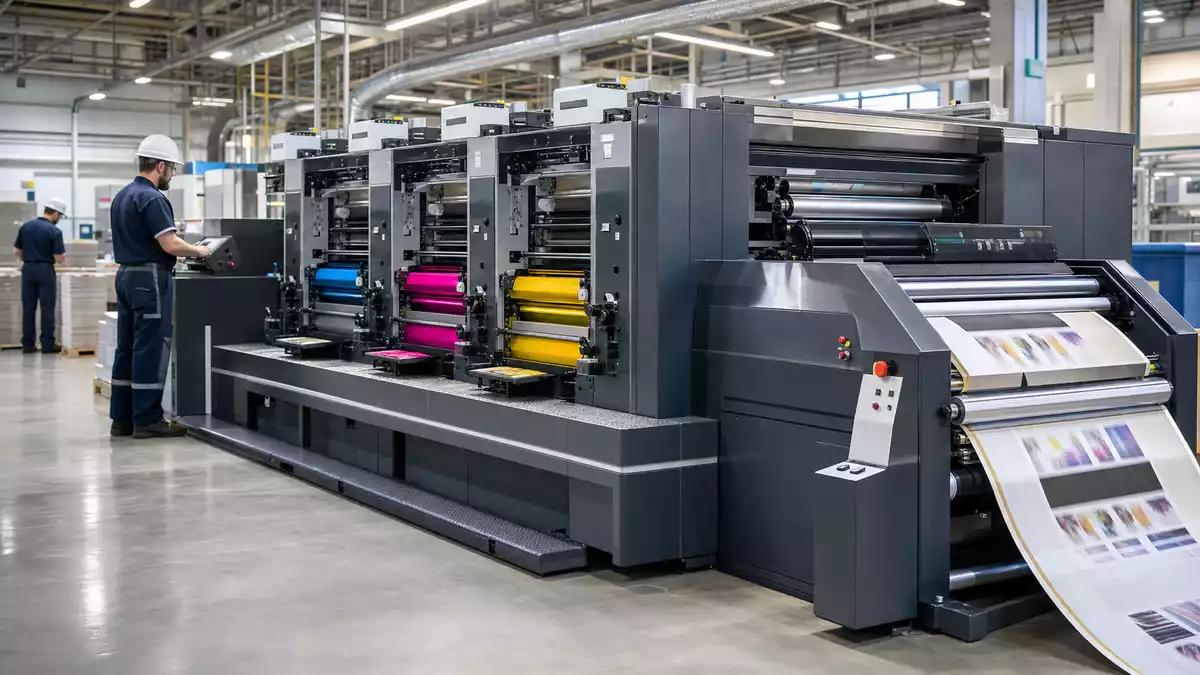 Moderne Offsetdruckmaschine in einer Industriehalle von Heidelberger Druckmaschinen