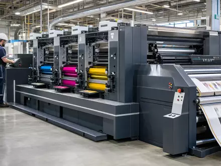 Heidelberger Druckmaschinen DE0007314007 zeigt fotorealistische Bogenoffset-Druckmaschine in moderner Produktionshalle mit erfahrenen Facharbeitern - Foto: THN