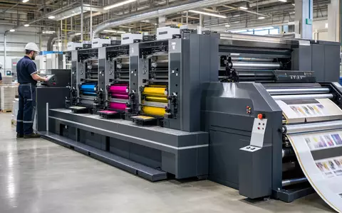 Heidelberger Druckmaschinen DE0007314007 zeigt fotorealistische Bogenoffset-Druckmaschine in moderner Produktionshalle mit erfahrenen Facharbeitern - Foto: THN