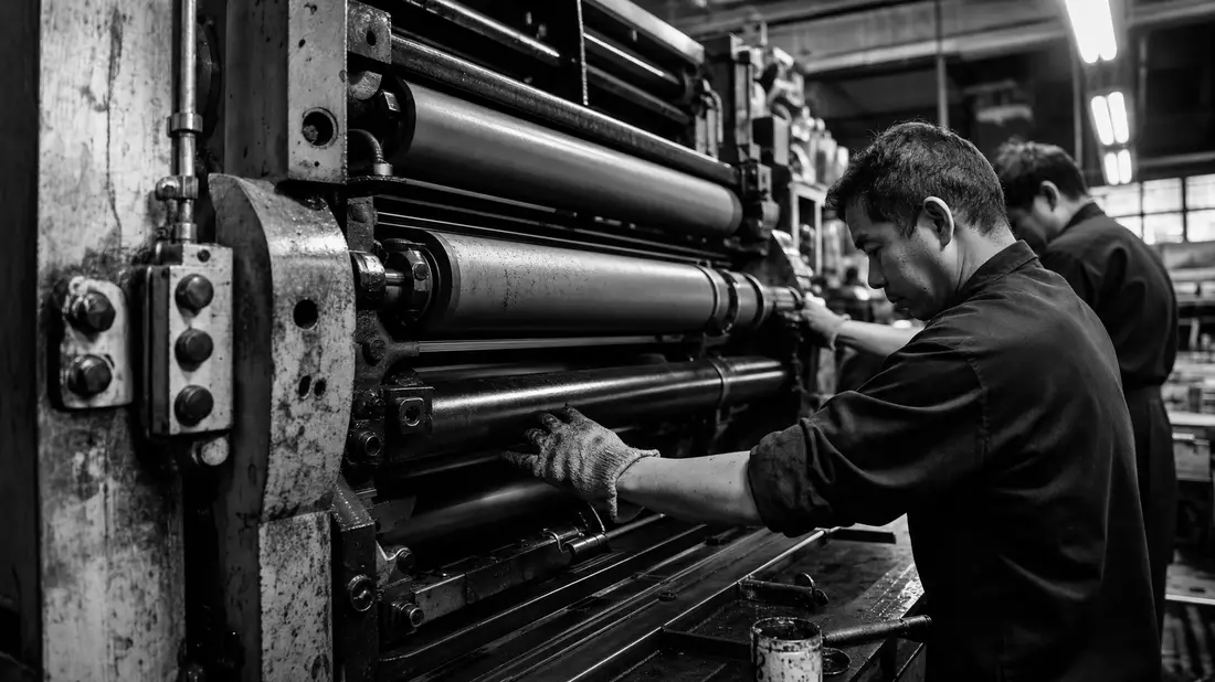 Schwarzweiß-Reportagefoto von Arbeitern an Druckmaschinenwalzen in einer Fabrikhalle