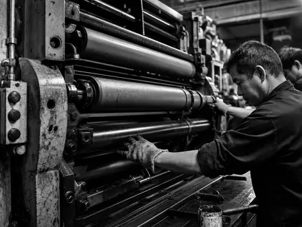 Heidelberger Druckmaschinen DE0007314007 zeigt dokumentarische Schwarzweiß Aufnahme von Facharbeitern an schweren industriellen Druckmaschinenwalzen - Foto: THN