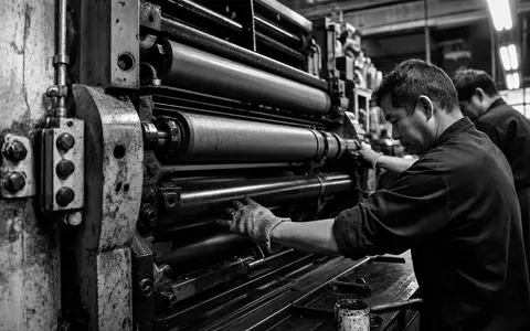 Heidelberger Druckmaschinen DE0007314007 zeigt dokumentarische Schwarzweiß Aufnahme von Facharbeitern an schweren industriellen Druckmaschinenwalzen - Foto: THN