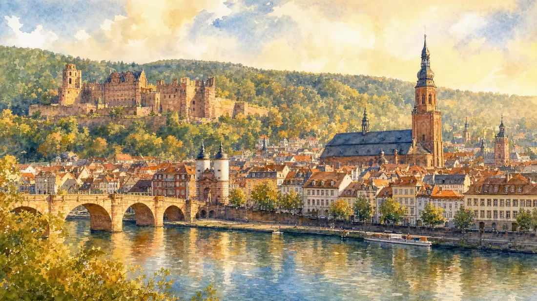 Aquarellmalerei der Heidelberger Altstadt mit Schloss und Neckarbrücke im goldenen Licht