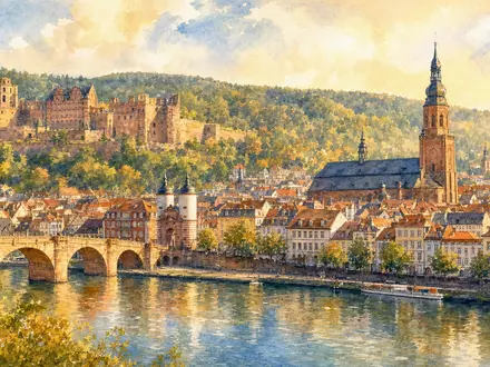 Heidelberger Druckmaschinen DE0007314007 Aquarellbild der Heidelberger Altstadt mit Schloss Neckarbrücke und Kirchturm - Foto: THN