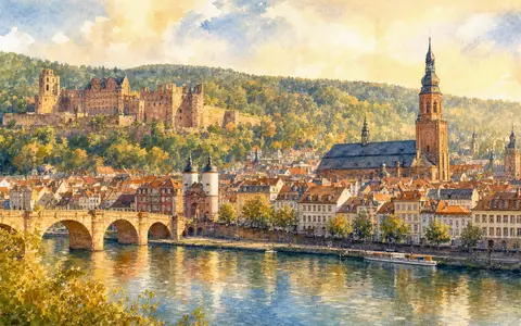 Heidelberger Druckmaschinen DE0007314007 Aquarellbild der Heidelberger Altstadt mit Schloss Neckarbrücke und Kirchturm - Foto: THN
