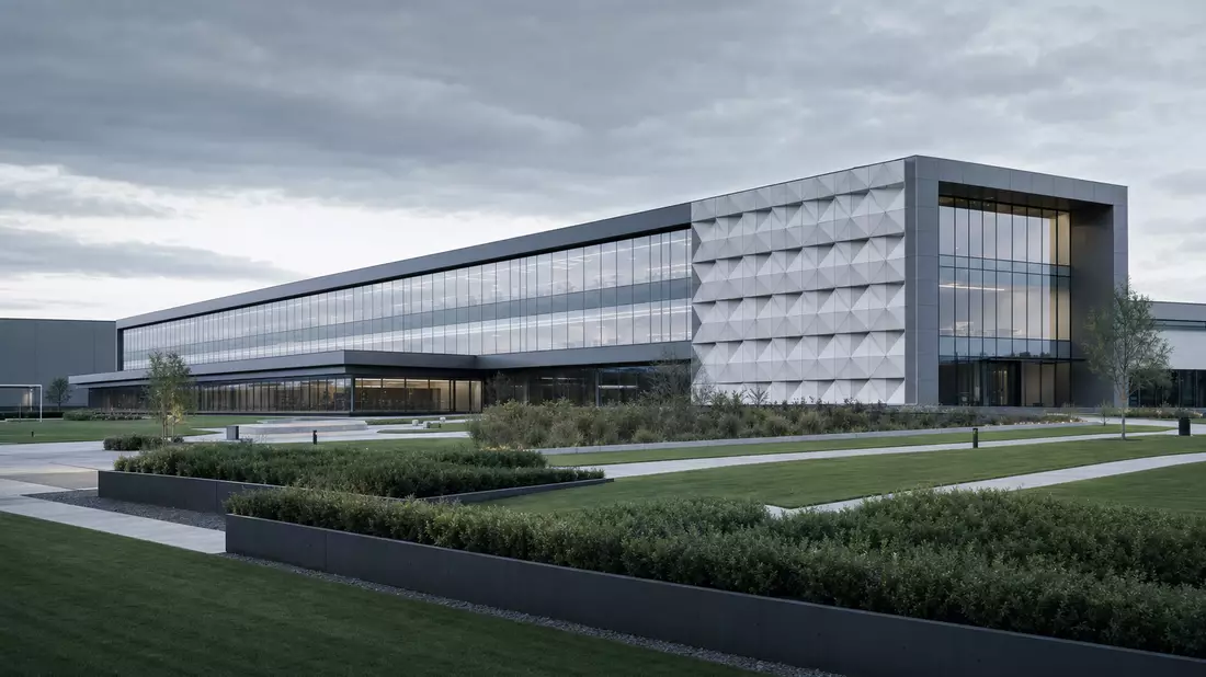 3D-Render eines modernen Industriecampus-Gebäudes mit Glas-Stahl-Fassade und Gartenanlagen
