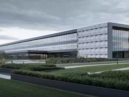 Heidelberger Druckmaschinen DE0007314007 moderner Industriecampus als architektonischer 3D-Render mit Glas-Stahl-Fassade und gepflegten Außenanlagen - Foto: THN