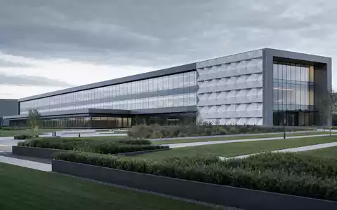 Heidelberger Druckmaschinen DE0007314007 moderner Industriecampus als architektonischer 3D-Render mit Glas-Stahl-Fassade und gepflegten Außenanlagen - Foto: THN