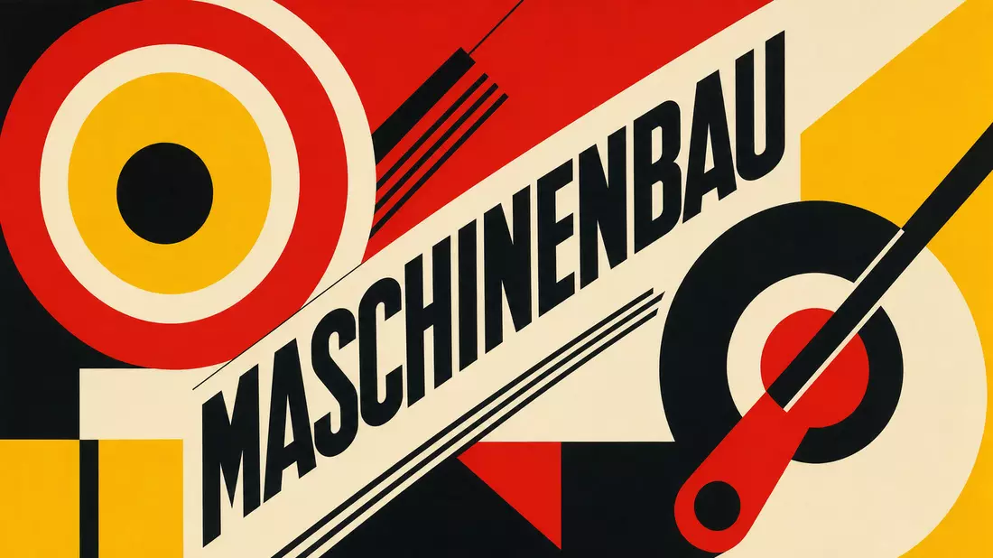 Bauhaus-Poster im geometrischen Stil mit dem Text MASCHINENBAU in Primärfarben Rot Gelb Schwarz