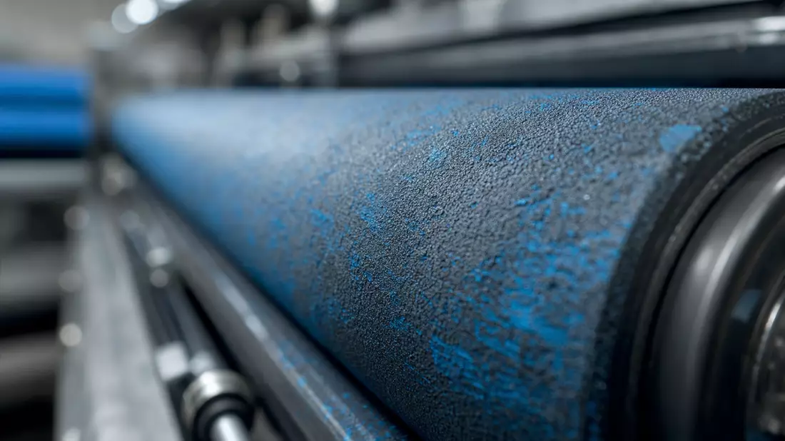Extreme Makroaufnahme einer Druckwalzenoberfläche mit Cyan-Farbspuren und industrieller Textur