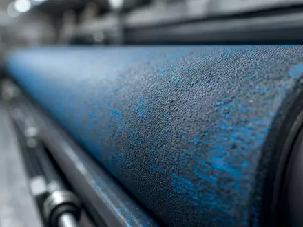 Heidelberger Druckmaschinen DE0007314007 Makroaufnahme einer Gummi-Druckwalze mit Cyan-Tinte und präziser industrieller Oberflächentextur - Foto: THN