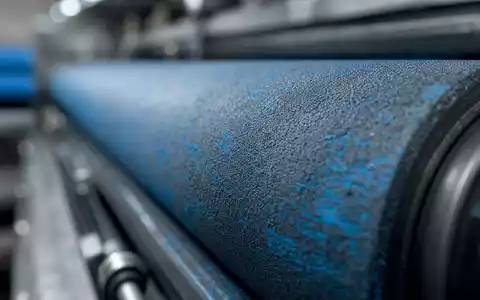 Heidelberger Druckmaschinen DE0007314007 Makroaufnahme einer Gummi-Druckwalze mit Cyan-Tinte und präziser industrieller Oberflächentextur - Foto: THN