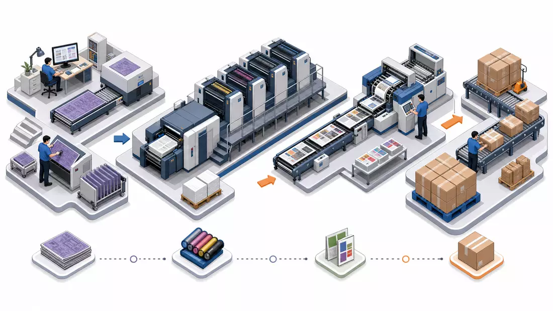 Isometrische 3D-Illustration der Druckbranche-Wertschöpfungskette von Druckvorstufe bis Verpackung