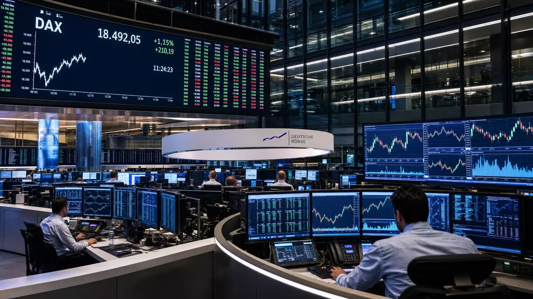 Frankfurter Börse Handelsraum mit Xetra-Bildschirmen, DAX-Anzeige und Händlern an Arbeitsplätzen