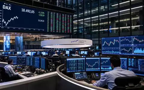 Heidelberger Druckmaschinen DE0007314007 Frankfurter Börse Xetra-Handelsraum mit DAX-Anzeigetafel und Händlern an Monitoren - Foto: THN