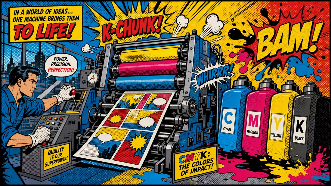 Pop-Art-Comic-Illustration einer Druckmaschine mit CMYK-Farbbehältern im Lichtenstein-Stil