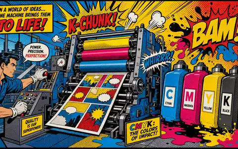 Heidelberger Druckmaschinen DE0007314007 Pop-Art-Comic zeigt stilisierte Druckmaschine mit bunten CMYK-Tintenpatronen im Lichtenstein-Stil - Foto: THN