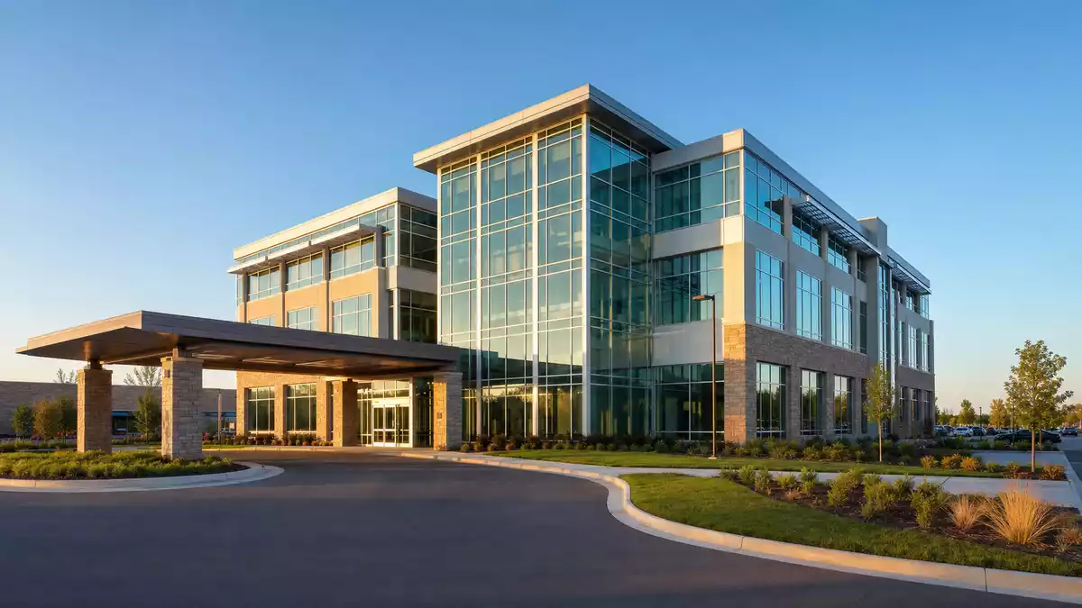 Modernes Ambulanzgebäude von Healthpeak Properties US42226K1051 bei goldenem Abendlicht