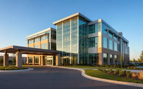 Healthpeak Properties US42226K1051 zeigt modernes AmbulanzgebÀude mit Glasfassade bei goldenem Abendlicht auf gepflegtem Campus - Foto: THN