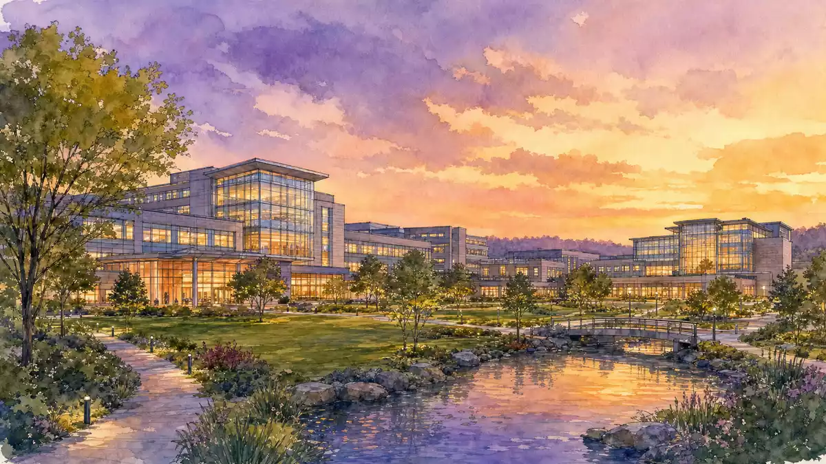 Aquarellbild eines modernen Healthcare-Campus von Healthpeak Properties US42226K1051 bei Sonnenuntergang