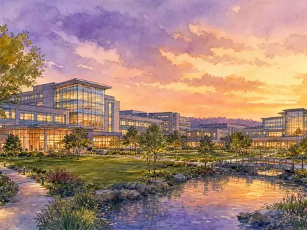 Healthpeak Properties US42226K1051 als Aquarellmalerei eines medizinischen Campus bei violettem Abendhimmel und warmem Licht - Foto: THN