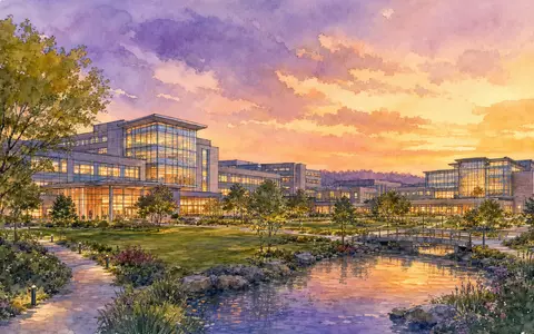 Healthpeak Properties US42226K1051 als Aquarellmalerei eines medizinischen Campus bei violettem Abendhimmel und warmem Licht - Foto: THN