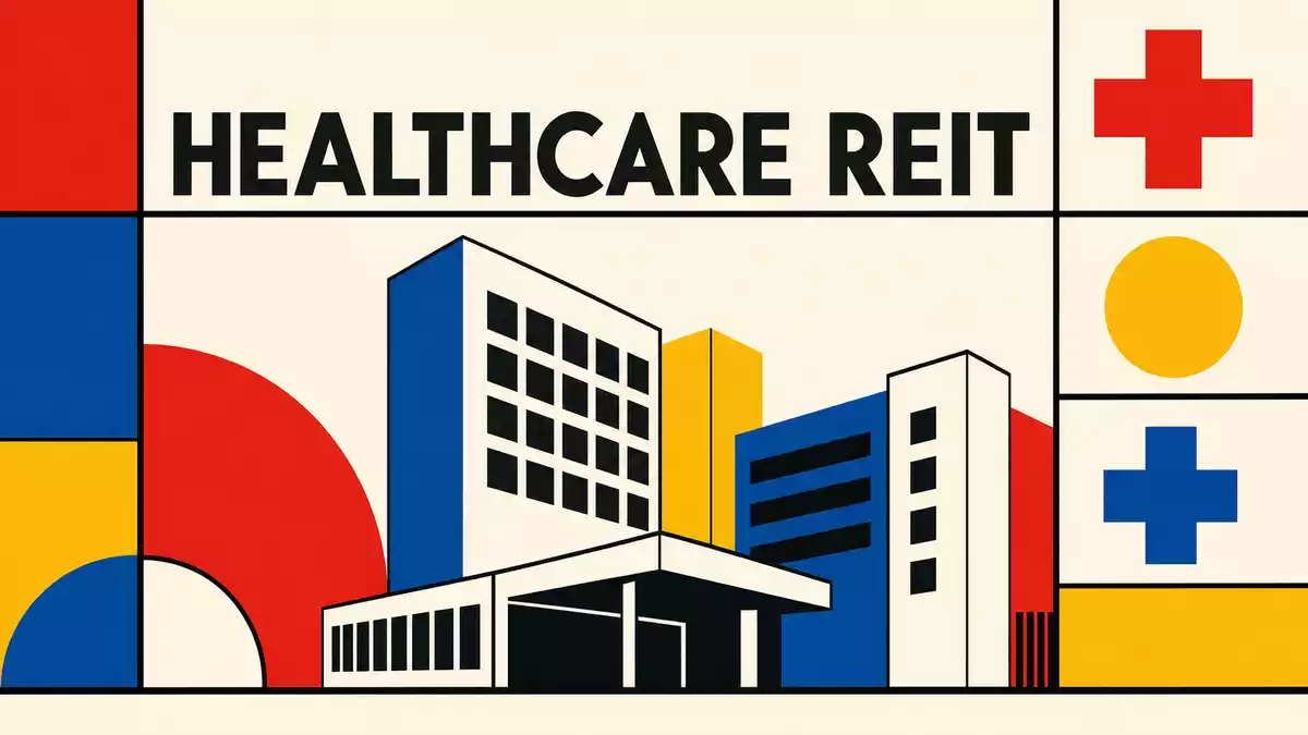 Bauhaus-Poster für Healthpeak Properties US42226K1051 mit Text HEALTHCARE REIT und geometrischen Formen