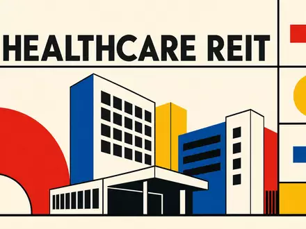 Healthpeak Properties US42226K1051 als geometrisches Bauhaus-Poster mit Text HEALTHCARE REIT in leuchtenden Primärfarben - Foto: THN