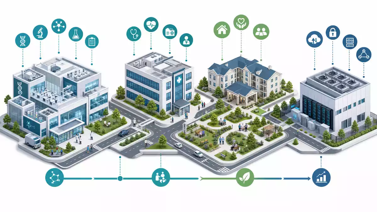Isometrische 3D-Darstellung der Wertschöpfungskette von Healthpeak Properties US42226K1051 in Teal und Grün