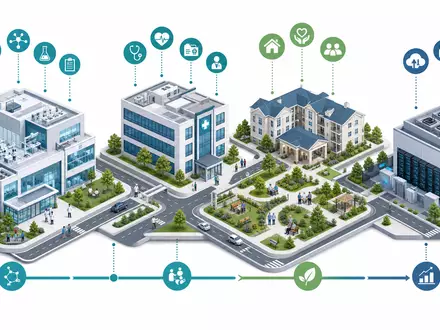 Healthpeak Properties US42226K1051 als isometrisches 3D-Diagramm der Healthcare-Immobilien-Wertschöpfungskette in Teal und Grün - Foto: THN