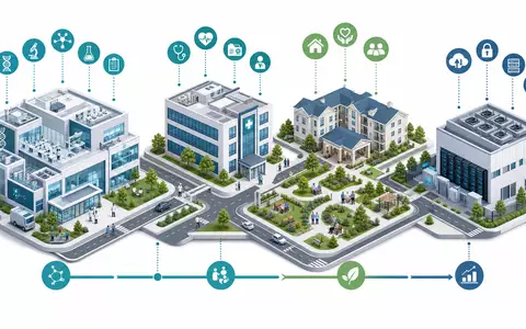 Healthpeak Properties US42226K1051 als isometrisches 3D-Diagramm der Healthcare-Immobilien-Wertschöpfungskette in Teal und Grün - Foto: THN