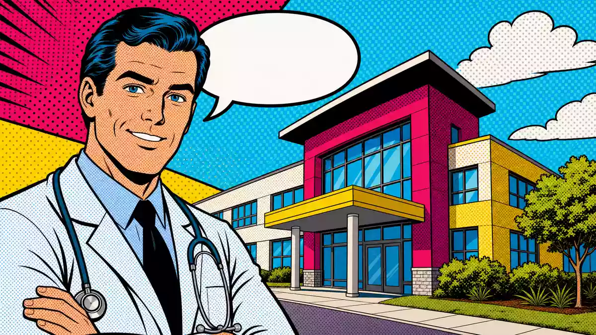 Pop-Art-Comic Arzt vor buntem Klinikgebäude für Healthpeak Properties US42226K1051 in Lichtenstein-Stil