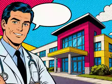 Healthpeak Properties US42226K1051 als bunter Pop-Art-Comic mit Arzt und farbigem Healthcare-Immobiliengebäude im Lichtenstein-Stil - Foto: THN