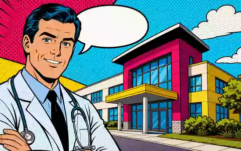 Healthpeak Properties US42226K1051 als bunter Pop-Art-Comic mit Arzt und farbigem Healthcare-Immobiliengebäude im Lichtenstein-Stil - Foto: THN