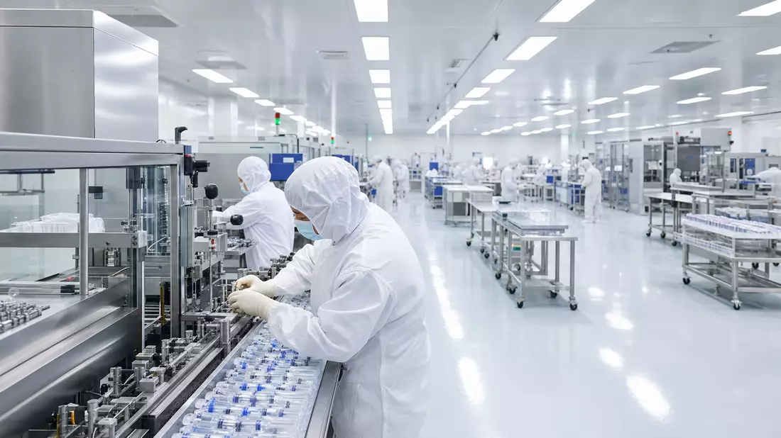 Steriler Reinraum mit Mitarbeitern an der Produktionslinie für Medizinprodukte