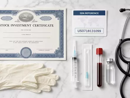 Becton Dickinson Investment Flatlay mit ISIN Karte US0718131099 und medizinischen Instrumenten auf Marmor - Foto: THN