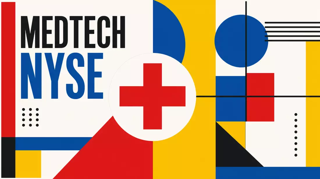 Bauhaus-Grafikposter mit geometrischen Formen und MEDTECH NYSE Typografie in Primärfarben