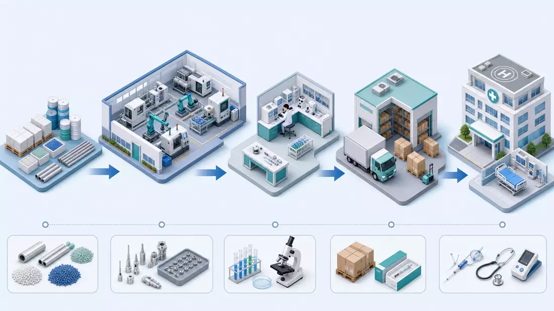 Isometrische 3D-Illustration der Medizintechnik-Lieferkette von Rohstoff bis Krankenhaus