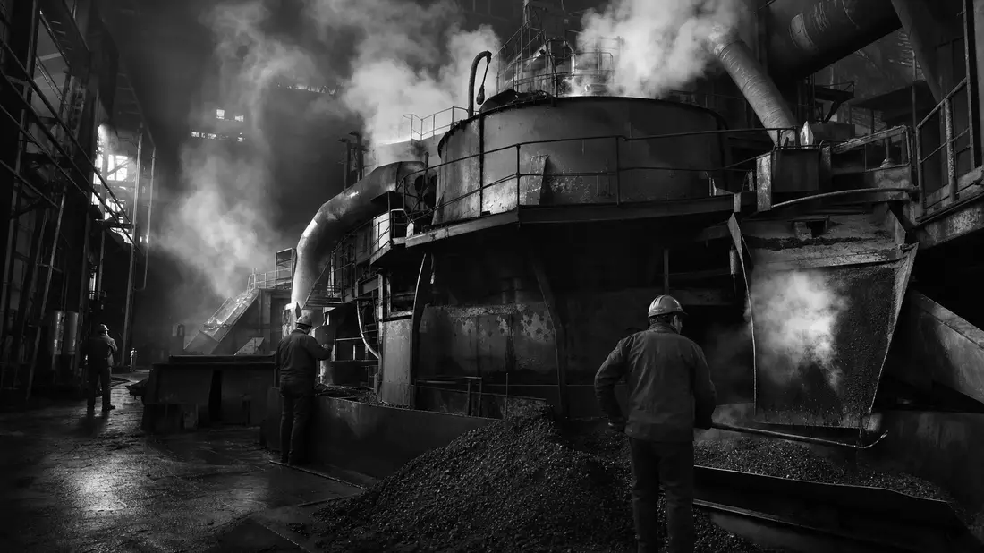 Schwarz-Weiß-Reportagefoto von Arbeitern an Befesa-Industrieanlage mit Dampf und Staub