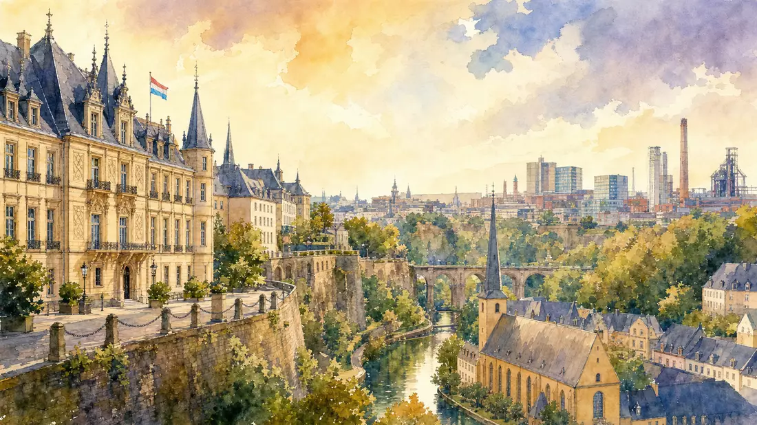 Aquarellmalerei von Luxemburg City mit Alzette-Tal, Altstadt und Industriehorizont