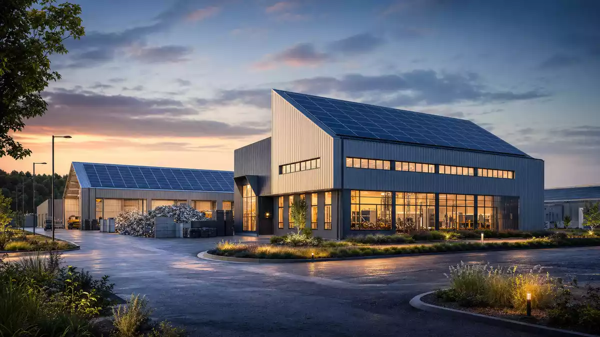 Architekturrender eines modernen Metallrecycling-Komplexes mit Solaranlage bei Abenddämmerung