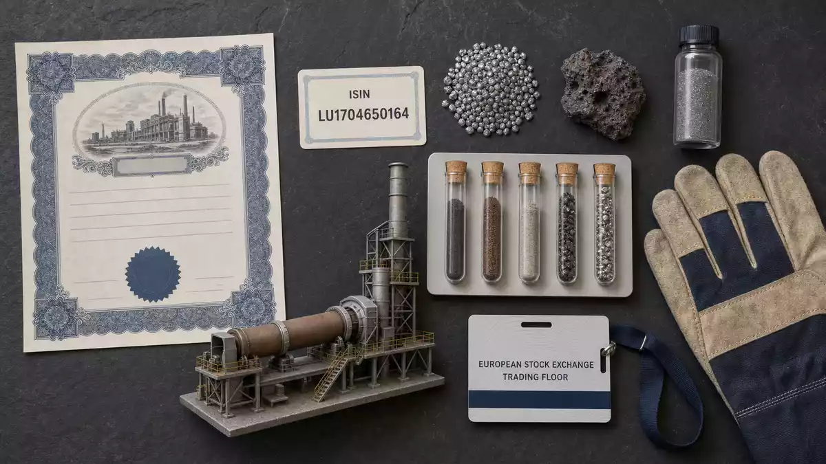 Overhead-Flatlay von Aktienzertifikat, ISIN-Karte LU1704650164, Zinkmetall und Industrieutensilien