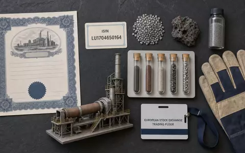 Befesa S.A. zeigt im Flatlay Zinkgranulat, Schlackeproben und ein Aktienzertifikat zur ISIN LU1704650164 - Foto: THN