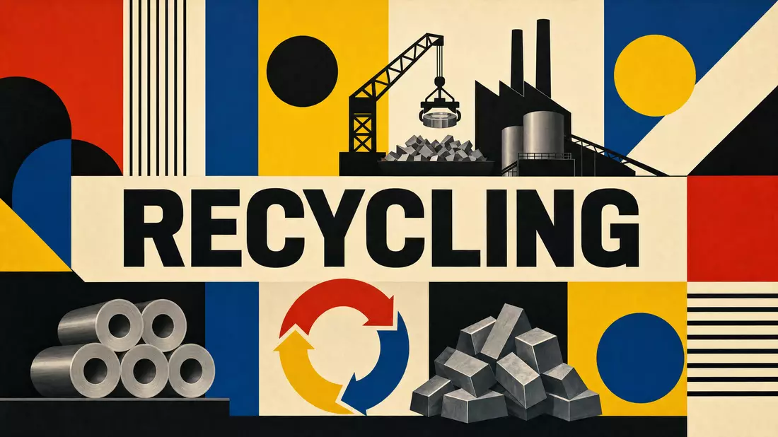 Bauhaus-Geometrieposter mit Großbuchstaben RECYCLING und Metallverarbeitungssymbolen in Primärfarben