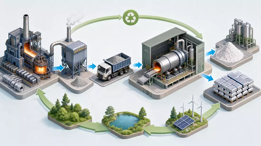 Isometrisches 3D-Diagramm der Zinkrecycling-Prozesskette: Stahlstaub, Drehofen, Zinkbarren