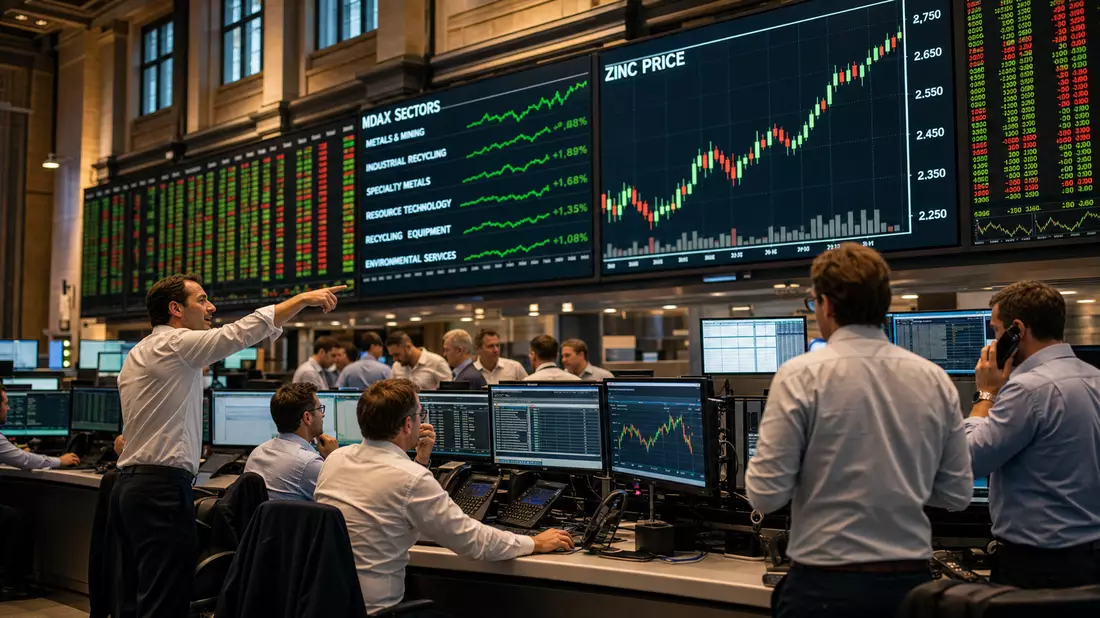 Europäisches Börsenparkett mit Händlern, MDAX-Anzeigetafel und Zinkpreis-Candlestick-Chart
