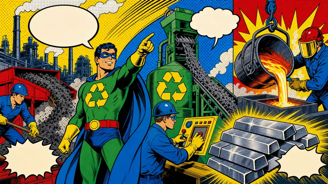 Bunter Pop-Art-Comic mit Recyclingheld und Arbeitern beim Umwandeln von Stahlstaub zu Zinkbarren