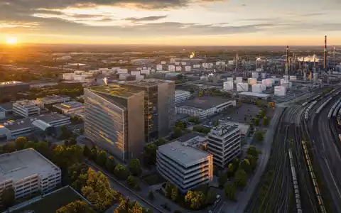 Berkshire Hathaway (B) als diversifizierter Konzern mit ISIN US0846707026 – Luftaufnahme Konglomerat-Campus - Foto: THN
