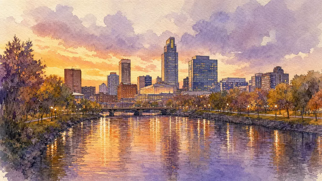 Aquarell der Skyline von Omaha mit Flussreflexionen in warmen Abendfarben